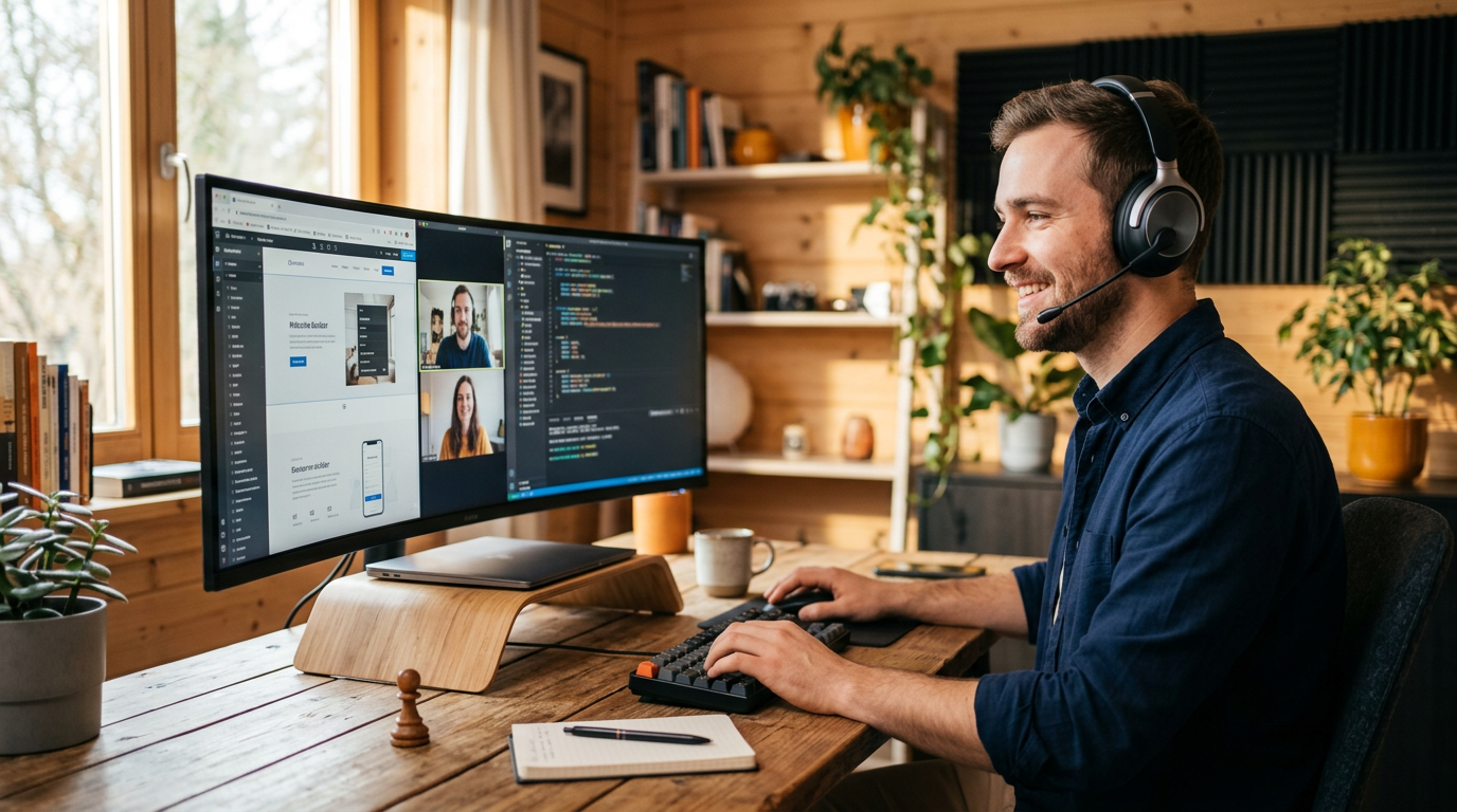 A Pawn to Pixel expert building a client's website live over a video call, sharing their screen with a code editor while the client watches